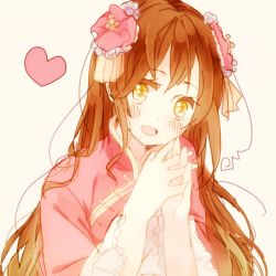 Rule 34 | 1girl, ahoge, axis powers hetalia, bad id, bad pixiv id, blush, brown hair, chinese clothes, colored eyelashes, flower, hair flower, hair ornament, happy, head tilt, heart, long hair, open mouth, oshirikayuiko, own hands together, simple background, smile, solo, taiwan (hetalia), upper body, yellow eyes