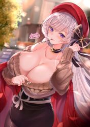 Rule 34 | 1girl, aran sweater, artist name, azur lane, bare shoulders, belfast (azur lane), belfast (shopping with the head maid) (azur lane), beret, black skirt, blue eyes, blush, bow, breasts, brown sweater, cable knit, choker, cleavage, clothes pull, earrings, food, food in mouth, hair between eyes, hat, hat bow, heart, highres, hoop earrings, huge breasts, jewelry, long hair, looking at viewer, neco meito, off-shoulder sweater, off shoulder, outdoors, pantyhose, pencil skirt, pocky, red hat, red shawl, sash, shawl, signature, skirt, solo, sweater, sweater pull, white hair, white sash