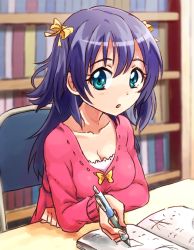 Rule 34 | 1girl, :o, book, bookshelf, bow, breasts, cleavage, green eyes, library, long hair, long sleeves, looking at viewer, mechanical pencil, nurutema, open book, original, parted lips, pencil, purple hair, red shirt, ribbon, shirt, solo, tareme, twintails, writing, yellow bow