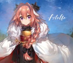 Rule 34 | 1boy, astolfo (fate), bad id, bad pixiv id, blue sky, blush, bow, braid, cape, character name, chocoan, fate/apocrypha, fate (series), fur trim, hair between eyes, hair bow, lace, light brown hair, looking at viewer, male focus, purple eyes, single braid, skirt, sky, solo, text focus, trap