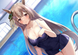 Rule 34 | 1girl, :o, animal ears, blue one-piece swimsuit, blush, bow, breasts, brown hair, cleavage, collarbone, commentary request, competition school swimsuit, ear ribbon, green ribbon, half updo, harimoji, horse ears, horse girl, large breasts, long hair, looking at viewer, one-piece swimsuit, pool, red eyes, ribbon, satono diamond (umamusume), school swimsuit, solo, swimsuit, umamusume, water, wet