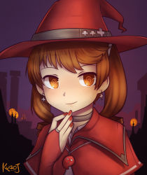 Rule 34 | 1girl, @ @, artist name, bridal gauntlets, brown eyes, brown hair, capelet, closed mouth, commentary, cross, curly hair, earrings, halloween, hat, highres, jacy, jewelry, kantai collection, long hair, looking at viewer, magatama, nail polish, purple background, red nails, ryuujou (kancolle), shikigami earrings, smile, solo, twintails, upper body, witch, witch hat