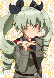 Rule 34 | 1girl, ;o, ada badguy, anchovy (girls und panzer), anzio military uniform, belt, black necktie, black ribbon, black shirt, blowing kiss, brown eyes, commentary request, dress shirt, drill hair, girls und panzer, green hair, grey jacket, hair ribbon, jacket, long hair, long sleeves, looking at viewer, military, military uniform, necktie, one eye closed, open mouth, partial commentary, red eyes, ribbon, sam browne belt, shirt, smile, solo, twin drills, twintails, uniform, wing collar