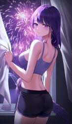 Rule 34 | 1girl, absurdres, aerial fireworks, alternate costume, ass, back, bare arms, bare shoulders, black shorts, braid, closed mouth, cowboy shot, crop top, fireworks, genshin impact, highres, indoors, long hair, looking at viewer, low-braided long hair, low-tied long hair, median furrow, mella (mell a12), midriff, night, purple eyes, purple hair, purple shirt, raiden shogun, shirt, short shorts, shorts, shoulder blades, sidelocks, single braid, sleeveless, sleeveless shirt, solo, sports bra, standing, thighs, very long hair