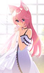 Rule 34 | 1girl, animal ear fluff, animal ears, black bra, blue eyes, bra, breasts, choker, commission, curtains, highres, light smile, lingerie, long hair, mamyouda, negligee, pink hair, see-through silhouette, small breasts, sunlight, underwear, vrchat, window