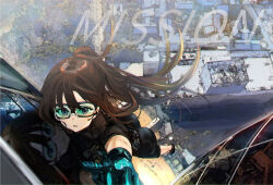 Rule 34 | 1girl, black-framed eyewear, black bodysuit, black gloves, black hair, bodysuit, building, climbing, commentary, english commentary, from above, funi mu9, gloves, goggles, hair spread out, headset, height, highres, inoue takina, long hair, looking at viewer, lycoris recoil, mission: impossible, outdoors, parody, parted bangs, parted lips, ponytail, purple eyes, reflection, skyscraper, solo, window