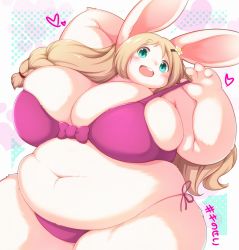 Rule 34 | 1girl, animal ears, aqua eyes, belly, blonde hair, breasts, fat, furry, furry female, highres, huge breasts, long hair, looking at viewer, open mouth, plump, rabbit ears, radiowave541, smile, solo, thick thighs, thighs
