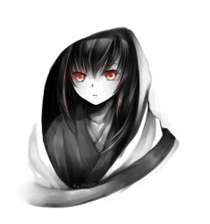 Rule 34 | 1girl, black hair, chinese commentary, closed mouth, commentary request, hood, hood up, kangetsu (fhalei), looking at viewer, onmyoji, red eyes, signature, simple background, solo, spot color, upper body, white background, xixue ji