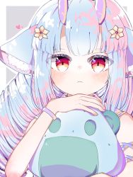 Rule 34 | 1girl, animal ear fluff, animal ears, blue hair, blunt bangs, blush, bracelet, delmin (show by rock!!), dress, drill hair, frown, hair between eyes, hair ornament, highres, horns, jewelry, light blue hair, long hair, looking at viewer, lutz compass, multicolored eyes, no nose, pink horns, purple dress, purple sailor collar, red eyes, ribbon, sailor collar, sailor dress, show by rock!!, simple background, sleeveless, sleeveless dress, smile, solo, stuffed animal, stuffed toy, tsurime, twin drills, upper body, very long hair, yellow eyes