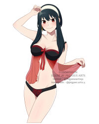 Rule 34 | 1girl, absurdres, black hair, blush, breasts, commission, highres, lingerie, looking at viewer, pegasus arts, red eyes, simple background, smile, spy x family, stomach, underwear, white background, yor briar