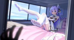 Rule 34 | 1girl, azur lane, bare shoulders, blurry, blurry background, blurry foreground, blush, breasts, cleavage, detached sleeves, dressing, feet, hair ornament, highres, indoors, lazy guang guang, long hair, looking at viewer, panties, pov, purple eyes, purple hair, sitting, small breasts, solo focus, thighhighs, underwear, unicorn (azur lane), white panties, white thighhighs, window