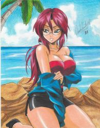 Rule 34 | 1girl, 2021, bare legs, beach, breasts, cleavage, creatures (company), game freak, glasses, green eyes, high heels, highres, jacket, large breasts, lorelei (pokemon), miniskirt, nintendo, ocean, palm tree, pencil skirt, poke ball, pokemon, pokemon (anime), pokemon (classic anime), ponytail, purple hair, ravernclouk design, red hair, rock, skirt, strapless, thighs, tree, tube top, undressing