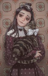 Rule 34 | 1girl, animal, black hair, bow, brown eyes, cat, dress, head tilt, highres, holding, holding animal, holding cat, looking at viewer, mossacannibalis, original, polka dot, polka dot dress, red dress, smile, solo, white bow