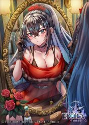 Rule 34 | 1girl, black choker, black gloves, black hair, blue hair, blush, breasts, choker, cleavage, cosmetics, dress, eroica, flower, gloves, gradient hair, hair brush, high ponytail, large breasts, lipstick tube, long hair, mintz (eroica), mirror, multicolored hair, nyamaso, official art, open mouth, red dress, red flower, red rose, rose, solo, vase