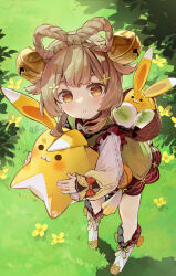 Rule 34 | 1girl, :&lt;, basket, bell, blunt bangs, blush, boots, bow-shaped hair, braid, brown eyes, brown hair, chinese clothes, commentary request, dress, from above, genshin impact, grass, green theme, hair bell, hair ornament, highres, holding, holding stuffed toy, jingle bell, leaning forward, long hair, long sleeves, looking at viewer, looking up, parted lips, sidelocks, solo, standing, stuffed animal, stuffed rabbit, stuffed toy, syuri22, white footwear, yaoyao (genshin impact), yuegui (genshin impact)