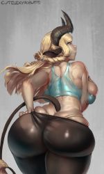 Rule 34 | 1girl, animal ears, artist name, ass, back, bare arms, bare shoulders, blonde hair, blue eyes, braid, breast hold, breasts, bursting breasts, butt crack, cow ears, cow tail, curvy, cutesexyrobutts, dark skin, grey background, highres, hip focus, horns, huge ass, large breasts, long hair, looking at viewer, looking back, original, sideboob, signature, skindentation, solo, tail, tank top, thick thighs, thighs, thong, twin braids, wide hips