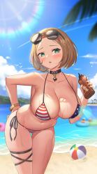 Rule 34 | 1girl, absurdres, american flag bikini, american flag print, ball, beach, beachball, bikini, blue eyes, blue sky, blurry, bottle, breasts, cloud, commentary, day, depth of field, english commentary, eyewear on head, flag print, highres, large breasts, light brown hair, looking at viewer, lotion, nolan, original, outdoors, palm tree, print bikini, short hair, side-tie bikini bottom, sky, solo, standing, sun glare, sunglasses, sunscreen, swimsuit, tree
