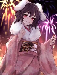 Rule 34 | 1girl, absurdres, alternate costume, animal ears, black hair, blush, closed mouth, fingernails, fireworks, floral print, from below, fur-trimmed kimono, fur trim, hands up, highres, inaba tewi, japanese clothes, kimono, looking at viewer, night, night sky, obi, orchid (orukido), outdoors, pink kimono, print kimono, rabbit ears, red eyes, sash, seigaiha, simple background, sky, smile, solo, touhou, white background, wide sleeves