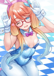 Rule 34 | 1girl, absurdres, animal ears, blue eyes, blue leotard, blue pantyhose, bow, bowtie, breasts, checkered floor, commentary request, detached collar, glasses, gloves, gradient hair, haruno sora, highres, kneeling, leotard, long hair, looking at viewer, low twintails, multicolored hair, one eye closed, orange hair, pantyhose, pink bow, pink bowtie, playboy bunny, rabbit ears, rabbit pose, red-framed eyewear, small breasts, solo, strapless, strapless leotard, tenneko yuuri, twintails, voiceroid, white gloves, wrist cuffs
