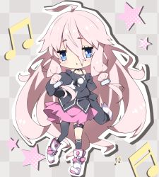 Rule 34 | 1girl, :&lt;, ahoge, asymmetrical legwear, bare shoulders, beamed eighth notes, beamed sixteenth notes, black shirt, black socks, blue eyes, blush, boots, checkered background, commentary request, full body, hair between eyes, highres, ia (vocaloid), kneehighs, long hair, long sleeves, looking at viewer, milkpanda, musical note, off-shoulder shirt, off shoulder, outline, parted lips, pink hair, pink skirt, shirt, short eyebrows, sidelocks, single kneehigh, single sock, single thighhigh, skirt, sleeves past fingers, sleeves past wrists, socks, solo, star (symbol), thick eyebrows, thighhighs, thighhighs under boots, triangle mouth, uneven legwear, very long hair, vocaloid, white footwear, white outline