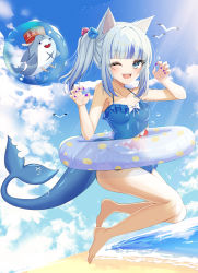Rule 34 | 1girl, ;d, absurdres, animal ears, bad id, bad pixiv id, bare arms, bare legs, bare shoulders, barefoot, beach, bloop (gawr gura), blue eyes, blue hair, blue one-piece swimsuit, blunt bangs, breasts, bubble, cat ears, claw pose, cloud, collarbone, commentary request, day, fins, fish tail, full body, gawr gura, hands up, highres, hololive, hololive english, huge filesize, innertube, jumping, kaku (walletbreaker), long hair, looking at viewer, mascot, multicolored hair, nail polish, ocean, one-piece swimsuit, one eye closed, open mouth, outdoors, purple nails, shark tail, sharp teeth, side ponytail, silver hair, sky, small breasts, smile, solo, streaked hair, swim ring, swimsuit, tail, teeth, virtual youtuber, water