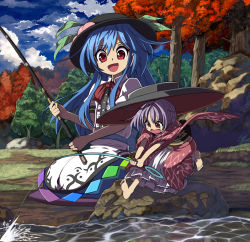 Rule 34 | 2girls, barefoot, blouse, blue hair, blue sky, bow, bowl, bowl hat, bowtie, cloud, commentary request, day, fishing rod, food, forest, fruit, hat, highres, hinanawi tenshi, holding, holding fishing rod, japanese clothes, kimono, long hair, long sleeves, looking at another, multiple girls, nature, obi, open mouth, outdoors, peach, puffy short sleeves, puffy sleeves, purple hair, red bow, red eyes, red kimono, red neckwear, rock, sash, shirt, short hair, short sleeves, sidelocks, sitting, sky, smile, sukuna shinmyoumaru, sweatdrop, syope, touhou, tree, water, white shirt