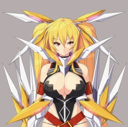Rule 34 | 00s, 1girl, aged up, alternate costume, blonde hair, breasts, cleavage, fate testarossa, grey background, large breasts, long hair, lyrical nanoha, mahou shoujo lyrical nanoha, mahou shoujo lyrical nanoha strikers, nekomamire, red eyes, simple background, solo, twintails, very long hair