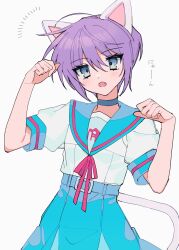 Rule 34 | 1girl, animal ears, blue eyes, blue sailor collar, blush, cat ears, cat tail, commentary request, cowboy shot, fake animal ears, fake tail, fang, hands up, highres, kita high school uniform, mochoeru, nagato yuki, open mouth, paw pose, purple hair, sailor collar, school uniform, serafuku, short hair, short sleeves, simple background, solo, standing, summer uniform, suzumiya haruhi no yuuutsu, tail, translation request, white background