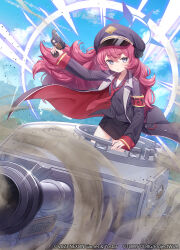 Rule 34 | 1girl, 90kyuuri, armband, black hat, black ribbon, black skirt, blue archive, blush, cloud, coat, collared shirt, copyright notice, day, gun, hair between eyes, hair ribbon, halo, hat, highres, holding, holding gun, holding weapon, iroha (blue archive), long hair, long sleeves, looking at viewer, military vehicle, motor vehicle, necktie, official art, open clothes, open coat, outdoors, parted lips, red armband, red hair, red necktie, ribbon, shirt, skirt, sky, solo, tank, weapon, wixoss