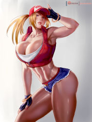 Rule 34 | 1girl, bangle, baseball cap, black gloves, blonde hair, blue eyes, bracelet, breasts, cleavage, contrapposto, cutoffs, denim, denim shorts, fatal fury, fatal fury cap, fingerless gloves, genderswap, genderswap (mtf), gloves, hand on own thigh, hat, huge breasts, jewelry, long hair, midriff, muscular, muscular female, nail polish, navel, nose, partially unzipped, patreon username, pink lips, ponytail, popped collar, red hat, rejean dubois, shiny skin, short shorts, shorts, sleeveless, snk, snk heroines: tag team frenzy, solo, standing, tan, terry bogard, the king of fighters, thick thighs, thighs, toned, vest, watermark, web address