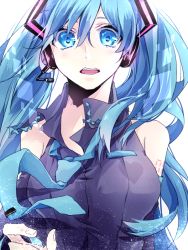 Rule 34 | 1girl, aqua eyes, aqua hair, bad id, bad pixiv id, detached sleeves, hatsune miku, headset, hinamu, long hair, looking at viewer, necktie, open mouth, solo, twintails, vocaloid