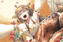 Rule 34 | 1girl, :d, ahoge, bird, brown hair, chicken, colored pencil (medium), cup, detached sleeves, drinking glass, closed eyes, flower, food, japanese clothes, kantai collection, kongou (kancolle), long hair, open mouth, outstretched arms, smile, solo, tesun (g noh), traditional media, wine glass