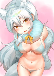 Rule 34 | 1girl, animal ear fluff, animal ears, arctic fox (kemono friends), bikini, blush, breasts, choir (artist), cleavage, covered erect nipples, finger to mouth, fox ears, fox tail, fur-trimmed sleeves, fur collar, fur trim, gloves, grey bikini, groin, highres, kemono friends, large breasts, long hair, long sleeves, looking at viewer, navel, open mouth, pink background, silver hair, simple background, smile, solo, standing, stomach, sweat, swimsuit, tail, very long hair, yellow eyes