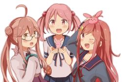 Rule 34 | 10s, 3girls, :d, ahoge, blush, bow, bowtie, brown eyes, rabbit, rabbit hair ornament, rabbit on shoulder, commentary request, crescent, crescent hair ornament, double bun, glasses, green-framed eyewear, hair bobbles, hair ornament, hand to head, kantai collection, long hair, long sleeves, looking at viewer, makigumo (kancolle), multiple girls, one eye closed, open mouth, pink eyes, pink hair, red eyes, riz (ravel dc), sazanami (kancolle), school uniform, serafuku, shirt, short hair, short sleeves, sleeves past wrists, smile, twintails, uzuki (kancolle), white shirt