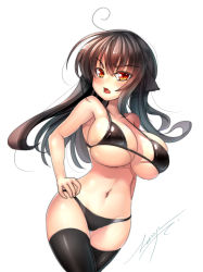 Rule 34 | 1girl, absurdres, ahoge, annoyed, bikini, black bikini, black thighhighs, breasts, brown eyes, brown hair, cleavage, curvy, hand on own hip, highres, hip focus, huge ahoge, huge breasts, long hair, looking at viewer, navel, open mouth, original, raised eyebrow, red eyes, shiny skin, signature, simple background, skindentation, solo, strap gap, swimsuit, thigh gap, thighhighs, thighs, underboob, white background, wide hips, zerion