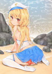 Rule 34 | 1girl, ag-2c sirene, agnamore, bad id, bad pixiv id, bare shoulders, beach, blonde hair, blue skirt, blush, breasts, day, full body, gloves, hat, last origin, leaning forward, long hair, looking at viewer, looking back, no shoes, no socks, outdoors, peaked cap, pleated skirt, red eyes, rock, sand, see-through, shirt, skirt, small breasts, soles, solo, thighhighs, very long hair, water, wet, wet clothes, wet legwear, wet thighhighs, white gloves, white hat, white shirt, white thighhighs