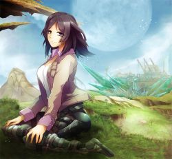 Rule 34 | 1girl, black hair, breasts, brown eyes, collared jacket, day, grass, heterochromia, hope alanzi, jacket, large breasts, looking at viewer, moon, nintendo, outdoors, pants, purple eyes, scenery, shirt, sitting, solo, toile ga chikaize, white shirt, xenoblade chronicles (series), xenoblade chronicles x, yokozuwari