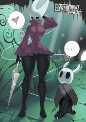 Rule 34 | ..., 1boy, 1girl, absurdres, black skin, blush, breasts, cleft of venus, clothes, colored skin, covered erect nipples, heart, highres, holding, holding weapon, hollow knight, hornet (hollow knight), huge penis, huge testicles, jay-marvel, knight (hollow knight), large breasts, looking at viewer, partially undressed, penis, precum, pussy, size difference, speech bubble, testicles, veins, veiny penis, weapon