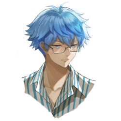 Rule 34 | 1boy, andersen (alice fiction), blue eyes, blue hair, collarbone, collared shirt, expressionless, fate/grand order, fate (series), glasses, hans christian andersen (adult) (fate), hans christian andersen (fate), male focus, shirt, short hair, solo, striped clothes, striped shirt, touchika, upper body