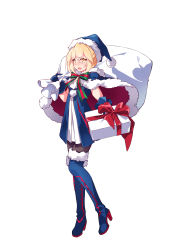 Rule 34 | 1girl, artoria pendragon (all), artoria pendragon (fate), black pantyhose, blue dress, blue gloves, blush, boots, bow, bowtie, box, cape, dress, fate/grand order, fate (series), foreshortening, full body, fur trim, gift, gift box, giving, gloves, hat, high heel boots, high heels, highres, knee boots, lin nulixiulian, looking at viewer, open mouth, pantyhose, saber alter, sack, santa hat, solo, standing, striped bow, striped bowtie, striped clothes, striped neckwear