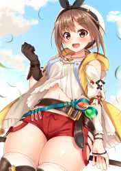 Rule 34 | 1girl, :d, atelier (series), atelier ryza, atelier ryza 1, belt, belt buckle, beret, black ribbon, blue belt, blue sky, blush, breasts, brown belt, brown eyes, brown gloves, brown hair, buckle, cleavage, cloud, collarbone, commentary request, day, dutch angle, fingernails, flask, gloves, hair between eyes, hair ornament, hairclip, hand up, hat, highres, holding, jewelry, komori kuzuyu, long sleeves, nail polish, navel, necklace, open mouth, outdoors, pink nails, puffy long sleeves, puffy sleeves, red shorts, reisalin stout, ribbon, round-bottom flask, round teeth, shirt, short hair, short shorts, shorts, single glove, sky, small breasts, smile, solo, star (symbol), star necklace, teeth, thighhighs, thighs, upper teeth only, vial, white hat, white shirt, white thighhighs