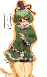 Rule 34 | 1girl, angry, bad id, bad pixiv id, between breasts, blush, breasts, clenched teeth, dress, eiri (eirri), female focus, ghost tail, green dress, green eyes, green hair, green skirt, hat, long sleeves, matching hair/eyes, multiple tails, ofuda, shiny skin, short dress, short hair, simple background, skirt, soga no tojiko, solo, tail, tate eboshi, teeth, thighs, touhou, trembling, white background