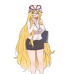 Rule 34 | 1girl, alternate costume, bare legs, black skirt, blonde hair, breasts, collared shirt, glasses, hat, highres, large breasts, long hair, long sleeves, mata (matasoup), mob cap, narrow waist, pencil skirt, shirt, sidelocks, simple background, skirt, solo, thick thighs, thighs, touhou, very long hair, white background, white hat, white shirt, wide hips, yakumo yukari, yellow eyes