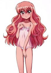 Rule 34 | 00s, 1girl, blush, camisole, covered navel, flat chest, frills, fujii masahiro, hair between eyes, hand on own chest, hand on thigh, light smile, lingerie, long hair, looking at viewer, louise francoise le blanc de la valliere, lowleg, lowleg panties, official art, panties, pink eyes, pink hair, purple panties, ribbon, see-through, simple background, smile, solo, standing, underwear, underwear only, very long hair, wavy hair, white background, zero no tsukaima