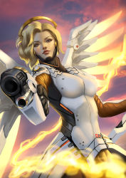 Rule 34 | 1girl, aiming, aiming at viewer, black gloves, blonde hair, blue eyes, bodysuit, breasts, cloud, cloudy sky, cowboy shot, emblem, energy, gloves, glowing, glowing wings, gun, halo, handgun, high ponytail, highres, holding, holding gun, holding staff, holding weapon, lips, looking at viewer, md5 mismatch, mechanical halo, mechanical wings, medium breasts, mercy (overwatch), nose, outdoors, overwatch, overwatch 1, pantyhose, pistol, ponytail, purple sky, realistic, revision, sky, solo, spread wings, staff, swiss flag, weapon, wings, yellow wings, zamberz