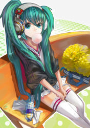 Rule 34 | 1girl, bench, blowing bubbles, chewing gum, fisheye, hatsune miku, headphones, long hair, nanaka2011, pom pom (cheerleading), sitting, skirt, sleeves pushed up, solo, thighhighs, twintails, very long hair, vocaloid