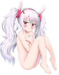 Rule 34 | 1girl, absurdres, animal ears, azur lane, barefoot, blush, closed mouth, collarbone, commentary request, covering privates, covering chest, crossed arms, feet, flat chest, full body, hair between eyes, hair ornament, highres, laffey (azur lane), long hair, looking at viewer, nedia (nedia region), nude, plantar flexion, rabbit ears, red eyes, sidelocks, silver hair, simple background, solo, toes, twintails, very long hair, wavy mouth, white background