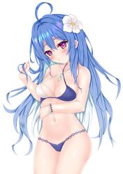 Rule 34 | 1girl, absurdres, azur lane, bikini, blue hair, blush, breasts, cleavage, cowboy shot, curly hair, flower, groin, hair between eyes, hair flower, hair ornament, hand up, helena (azur lane), helena (shimmering triangle wave) (azur lane), highres, long hair, looking at viewer, medium breasts, navel, open mouth, parted lips, purple eyes, simple background, solo, staring, swimsuit, two-tone bikini, very long hair, white background, white flower, yanmaa (yanmar195)