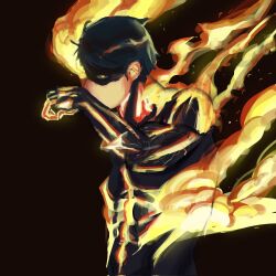 Rule 34 | 1boy, agni (fire punch), arondiolex, black hair, brown background, burn scar, burning, fire punch, flaming eye, highres, looking at viewer, male focus, scar, short hair, sideways glance, simple background, solo, topless male, yellow eyes