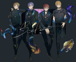 Rule 34 | 4boys, aho no sakata, animal, animal on shoulder, arm at side, black background, black choker, black footwear, black jacket, black pants, black shirt, blonde hair, brown hair, chest harness, choker, closed mouth, collared shirt, cross-laced footwear, earrings, fish, green eyes, hair between eyes, hair over one eye, hand in pocket, hand on own hip, hand on own neck, hand up, harness, hassan (sink916), highres, invisible chair, jacket, jewelry, lapels, leaning on object, long sleeves, looking at viewer, male focus, mole, mole under eye, multiple boys, notched lapels, o-ring, o-ring choker, off shoulder, official art, open clothes, open collar, open jacket, own hands together, pants, parted bangs, parted lips, purple eyes, purple hair, raccoon, red eyes, red hair, senra (utaite), shima (utaite), shirt, shoes, short hair, short sleeves, siamese fighting fish, single earring, single sidelock, sitting, sky, sleeves rolled up, smile, song name, standing, star (sky), starry sky, swept bangs, t-shirt, tassel, tassel earrings, turtleneck, urashimasakatasen, uratanuki, utaite, v arms, yamadanuki, yellow eyes, zipper pull tab
